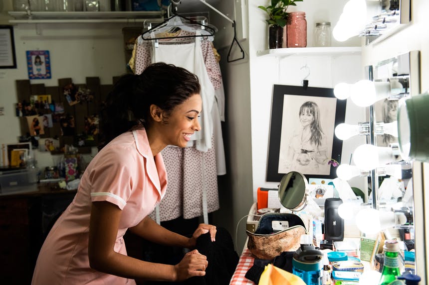 Nicolette Robinson- Waitress-Musical Broadway-Backstage-BroadwayBox-Jenny Anderson-Dressing Room-Pink costumes