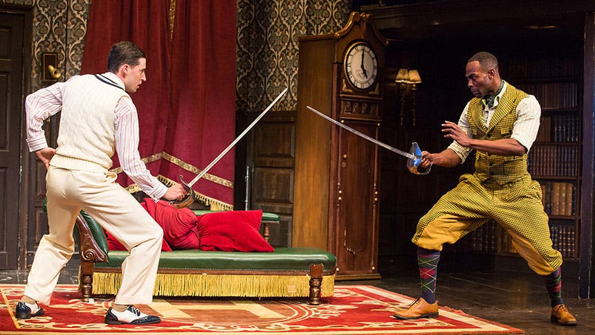 Play That Goes Wrong Cast Photo- Alex Mandell- Clifton Duncan Sword Fight