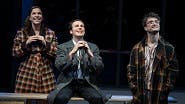Lindsay Mendez as Mary Flynn, Jonathan Groff as Franklin Shepard and Daniel Radcliffe as Charley Kringas in New York Theatre Workshop's Merrily We Roll Along