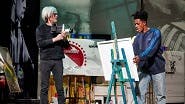 Paul Bettany as Andy Warhol and Jeremy Pope as Jean-Michel Basquiat in The Collaboration